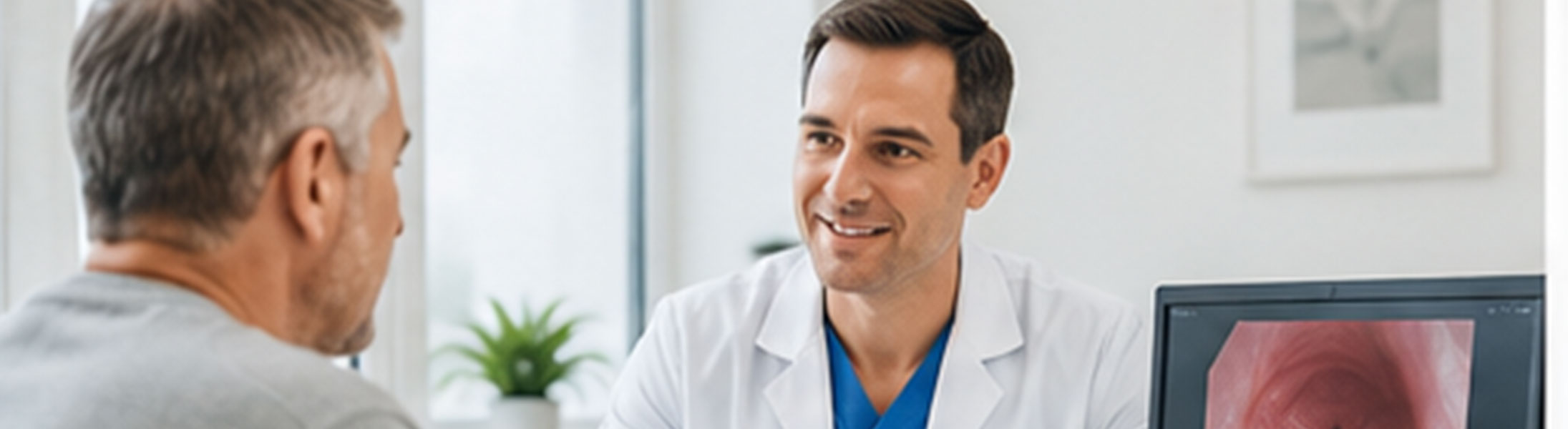 Arzt im Beratungsgespräch mit einem Patienten in der proktologischen Sprechstunde.