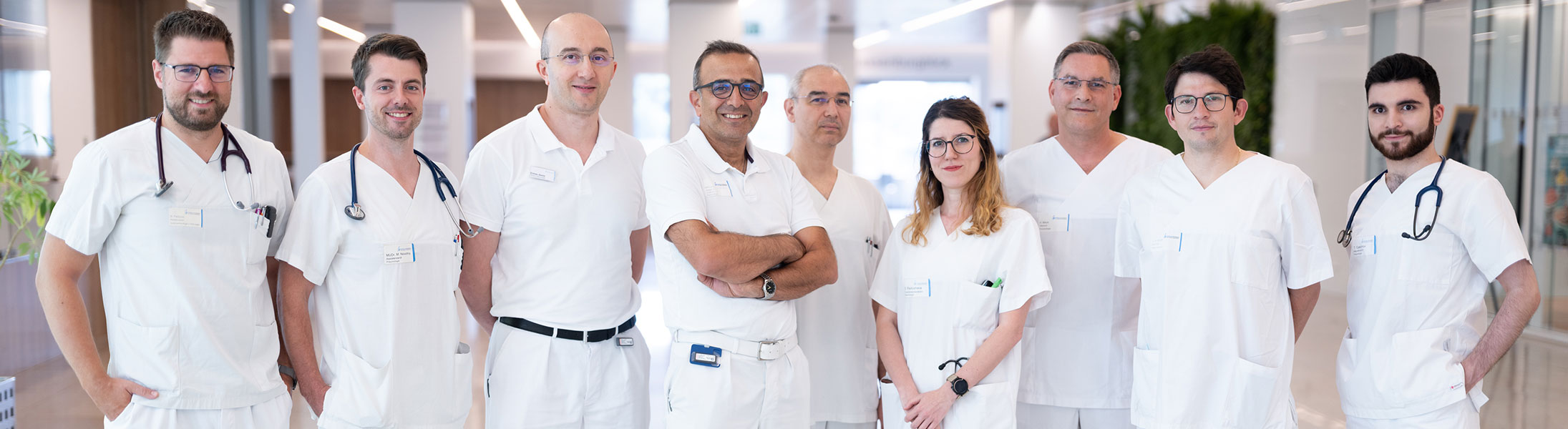 Gruppenfoto eines Teams von Pneumologie-Ärztinnen und -Ärzten, die gemeinsam in Klinik-Arbeitskleidung lächeln und in einer Reihe posieren.
