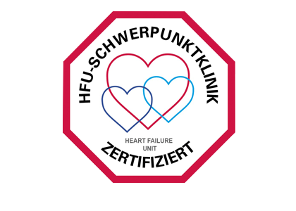 Logo HFU-Zentrum. Seit 2016 ist die Deutsche Gesellschaft für Kardiologie (DGK) und die Deutsche Gesellschaft für Thorax-, Herz- und Gefäßchirurgie (DGTHG) Herausgeber von Zertifikaten zur Zertifizierung von Heart Failure Units, kardiologische Einrichtungen mit einer Spezialisierung für die Behandlung von Herzinsuffizienz.
